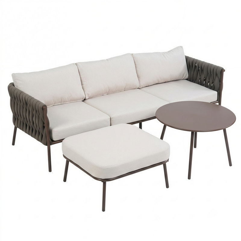 Ensemble de mobilier d'extérieur en acier 3 pièces avec repose-pieds convertible, canapé 3 places et petite table de salle à manger Alexia