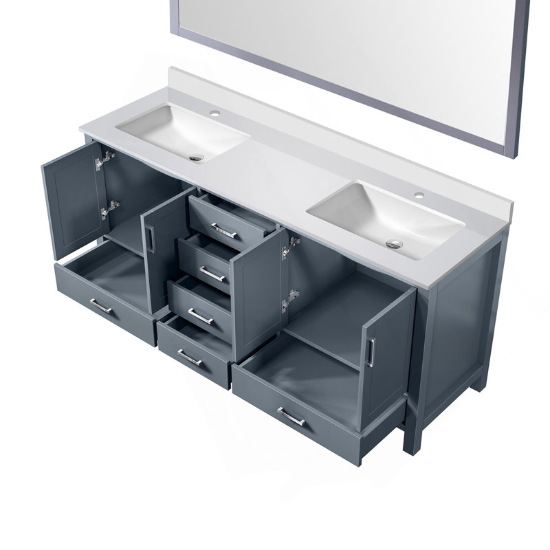 Meuble-lavabo double gris foncé de 72 po X P 22 po D, plateau en quartz blanc et Miroir, Dark Grey