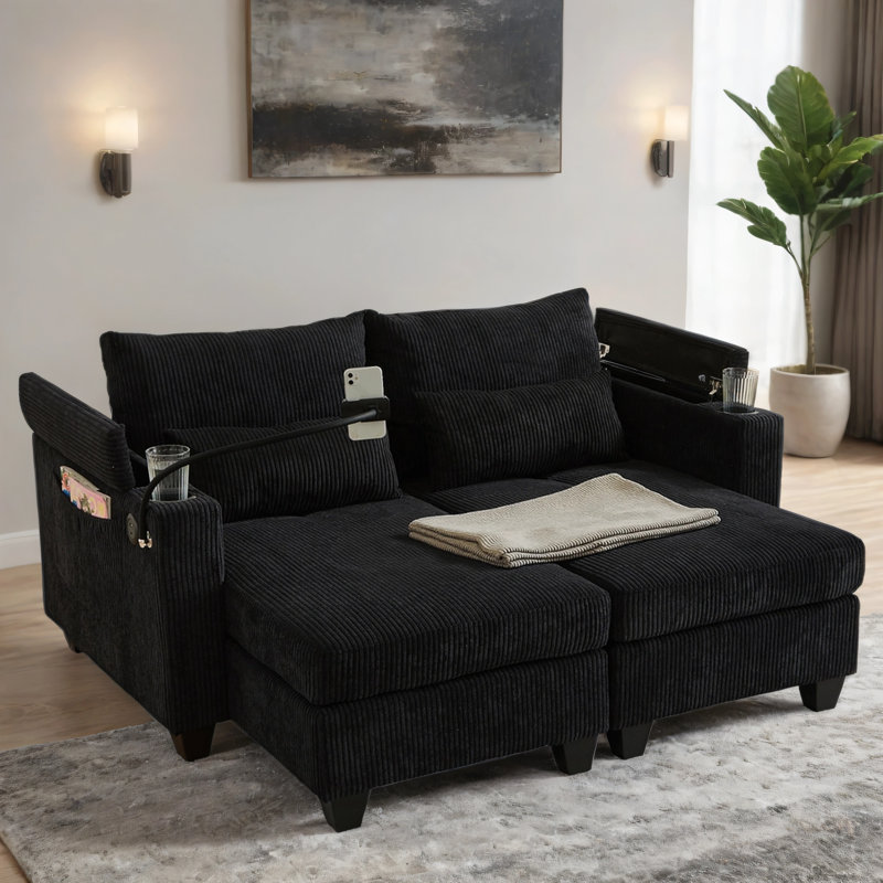 Canapé-lit convertible pour méridienne avec ports USB, porte-gobelets et accoudoirs de rangement, Noir