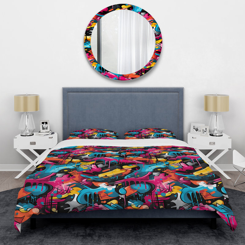 Literie Popart Neon Graffiti Fusion I, Housse de couette pour grand lit et 2 taies décor