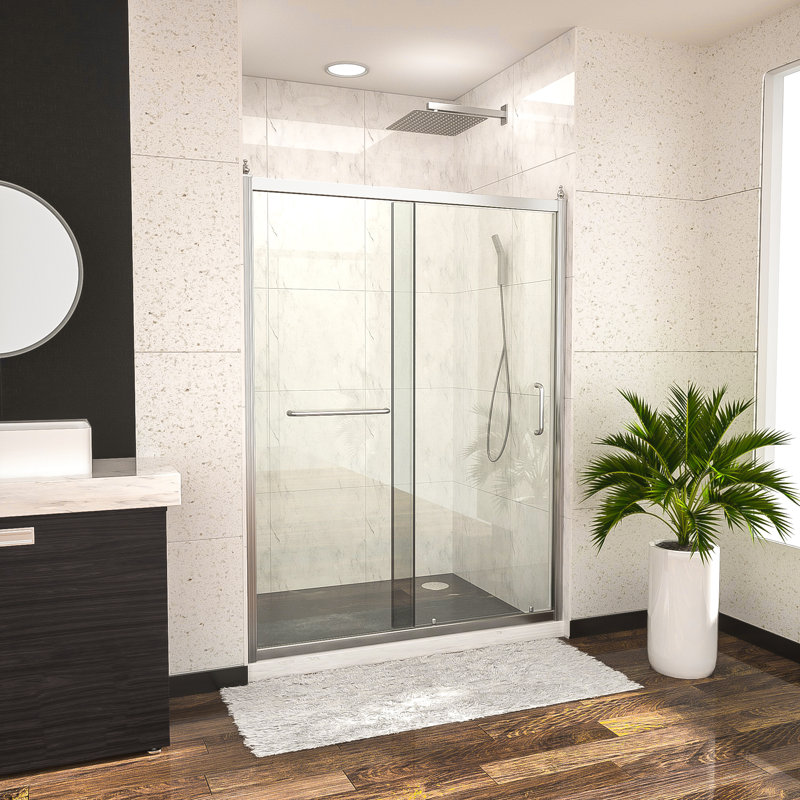 48" W x 72" H Sliding Shower Door, 1/4'' Tempered Glass, Stainless Steel Frame in Chrome, Chrome