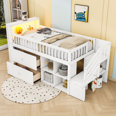 Twin Wooden Low Loft Bed With 2 Drawers And Stairs And Shelves And LED by Harriet Bee