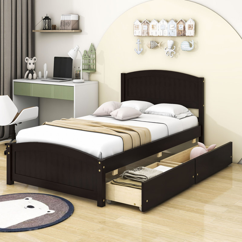 Twin Size Wood Platform Bed with Two Drawers, Espresso