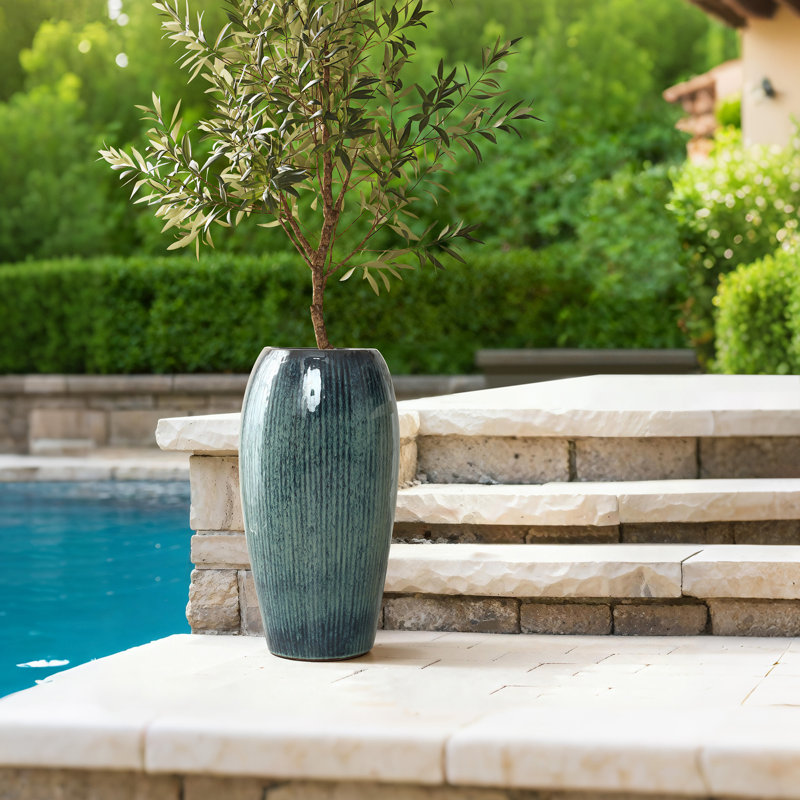 23" H Ceramic Tall Planter, Large Plant Pots with Drainage Hole, Blue, Blue