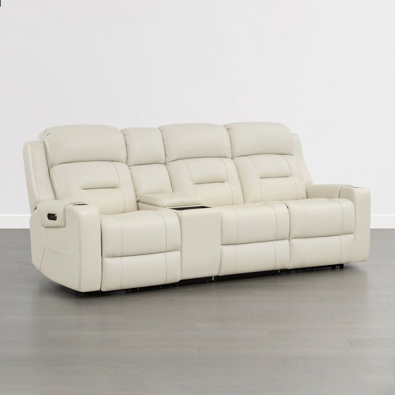 Olathe Genuine Leather Dual Motor Power Reclining Lay Flat Sofa With Power Headrest, Cream
