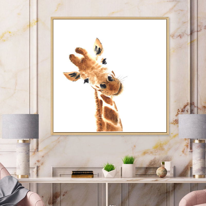 Portrait d'une girafe sur blanc I - Peinture sur toile, Cadre flottant en érable, H 16 po x l 16 po