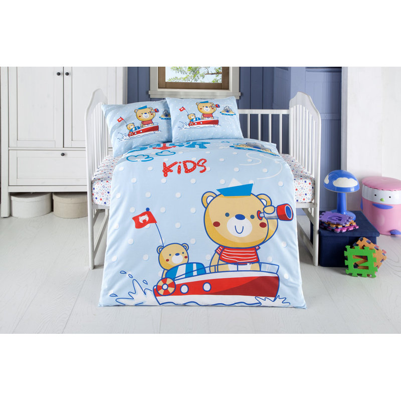 Ensemble de housse pour courtepointe en coton doux pour bébé Ranforce (3 pièces) | Comprend une housse de couette de 39,4 po x 59,1 po, un drap plat de 39,4 po x 59,1 po et 2 taies d'oreiller de 13,8 po x 17,7 po | Lavable à la machine, bleu / blanc e