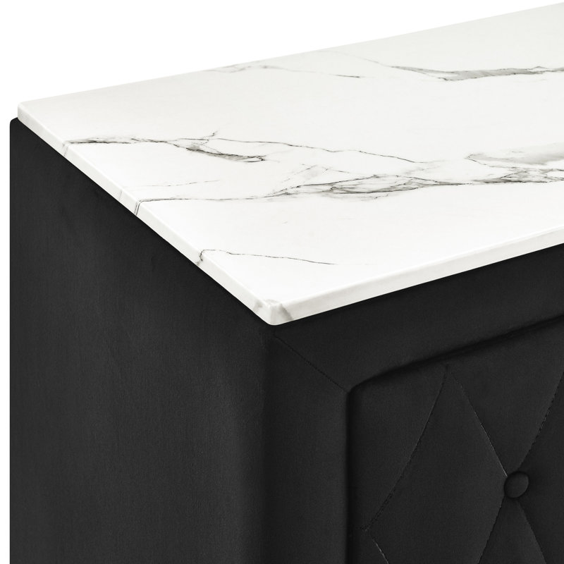 Table de chevet rectangulaire moderne 1pc noir avec plateau en faux marbre, revêtement en tissu à boutons et deux tiroirs pour une chambre à coucher hypnotisante, surface de rangement, opulence de rangement