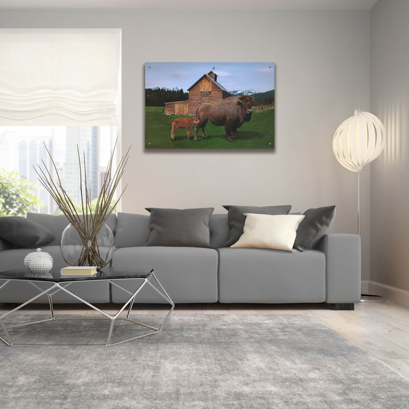  «Creekside's American Bison» par Jim Brune, art mural en verre acrylique, 36 po x 24 po