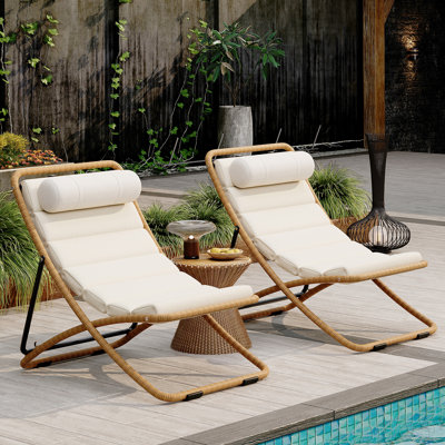 Chaise pliante d'extérieur 2 pièces, chaise de patio enveloppée de rotin avec dossier réglable, coussin épais et appui-tête amovible, pour le bord de la piscine, la plage, la cour, le camping et le camping (jaune)