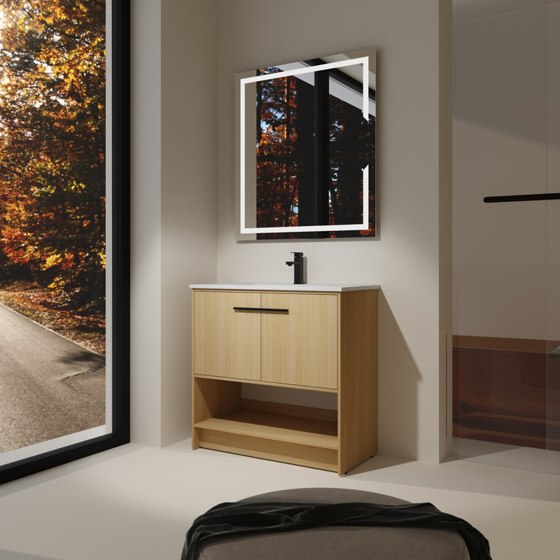Meuble-lavabo de salle de bain avec lavabo en céramique, Chêne