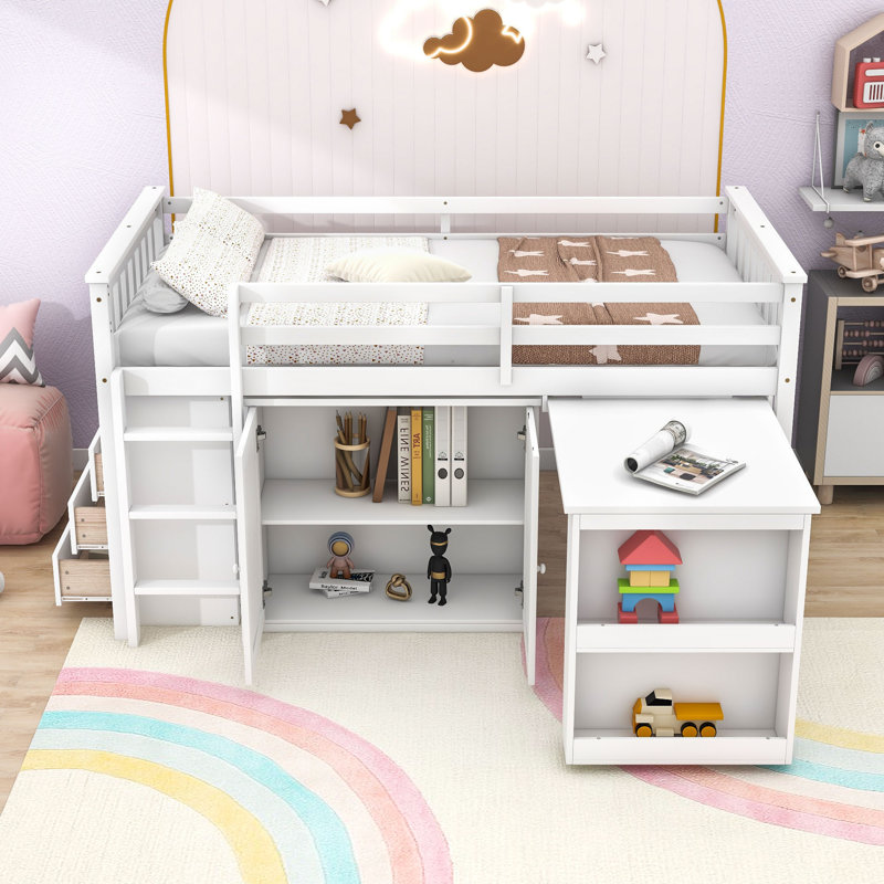 Lit mezzanine simple avec armoire, tiroir, tablette et bureau, Blanc