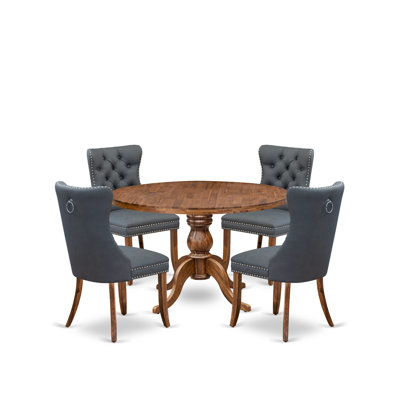 5-piece Dining Room set included a Kitchen Table and 4 Platinum Gray Polyester fabric Dining Room Chairs with Button Tufted Back - Antique Walnut Finish