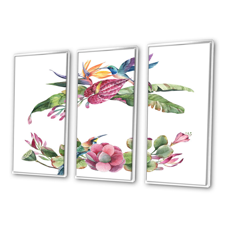 «Spring Bouquet With Pink Flowers III», ensemble de 3 impressions sur toile, Cadre blanc, H 32 po x l 48 po x P 1 po
