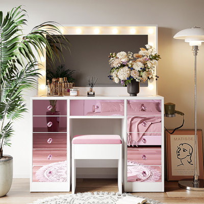 Makeup Vanity With 15 Hollywood Bulbs, 3Color Lighting Modes Adjustable Brightness, Dressing Table With Visual Glass Top And 11 Pink Finish Drawers, Vanity Desk Set With Cushioned Stool