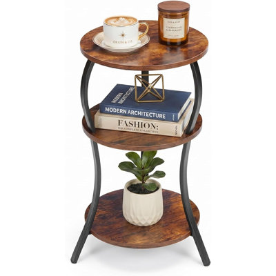 Vintage Round Side Table, 3-Tier End Table with Storage Shelves, Compact Nightstand, Rustic Brown & Black Sofa Table for Small Spaces