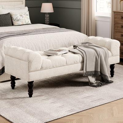 Repose-pieds boutonné avec pieds et accoudoirs roulés, banc d'intérieur beige pour le salon, entrée, capitonnage, capitonnage, beige, accoudoirs, chambre à coucher