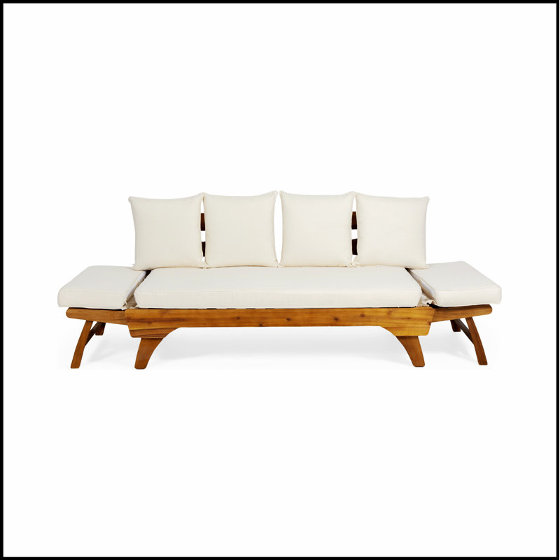 Durable Acacia Wood Daybed with Slatted Seat, Cross-Strap Trim, and Waterproof Upholstery for Versatile Use, Teak, Beige
