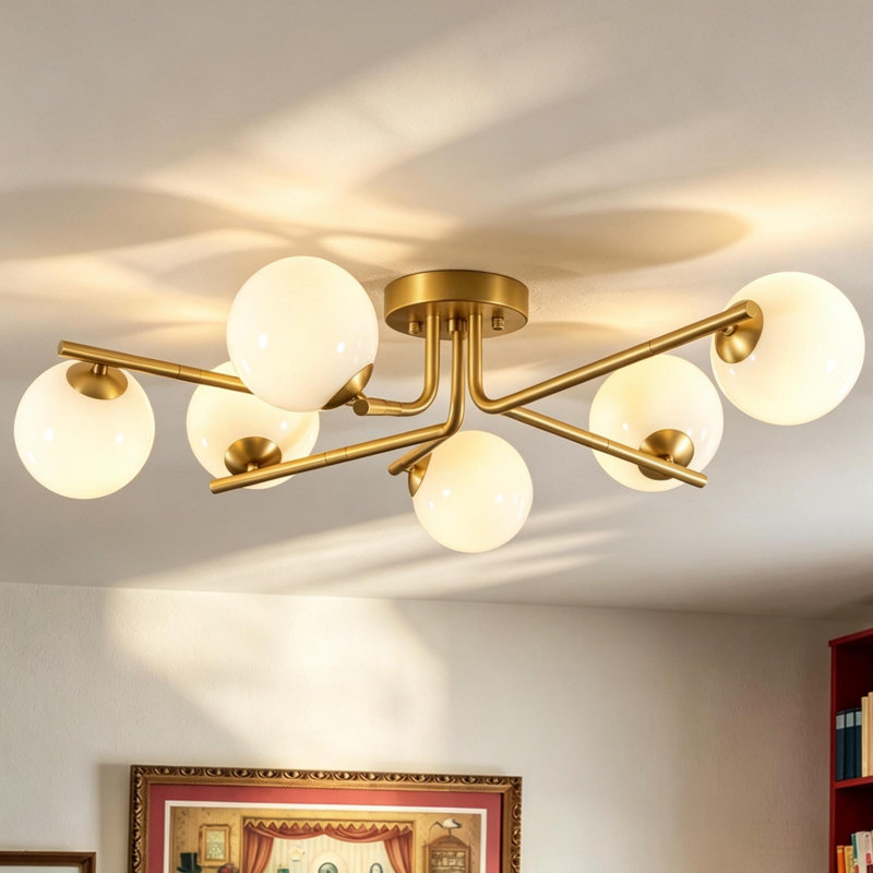 Plafonnier semi-encastré 6 lumières en verre opale Spoutnik
