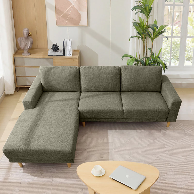 2-Piece 90" Upholstered L-Shaped Fabric Linen Corner Sofa, Green