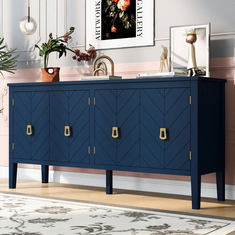 Buffet bleu marine avec motifs géométriques captivants et poignées en métal rétro élégance intemporelle en bleu, motifs, poignées rétro,