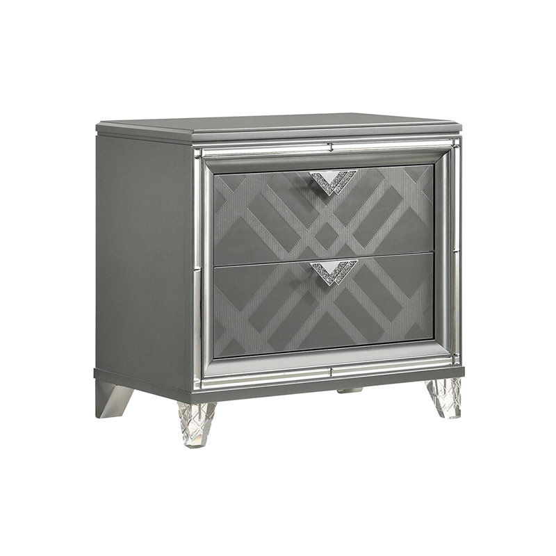 Table de chevet 2 tiroirs en argent avec bordure en miroir - pieds en acrylique, motif artistique, poignées en faux diamant pour chambre à coucher exquise et chargeurs