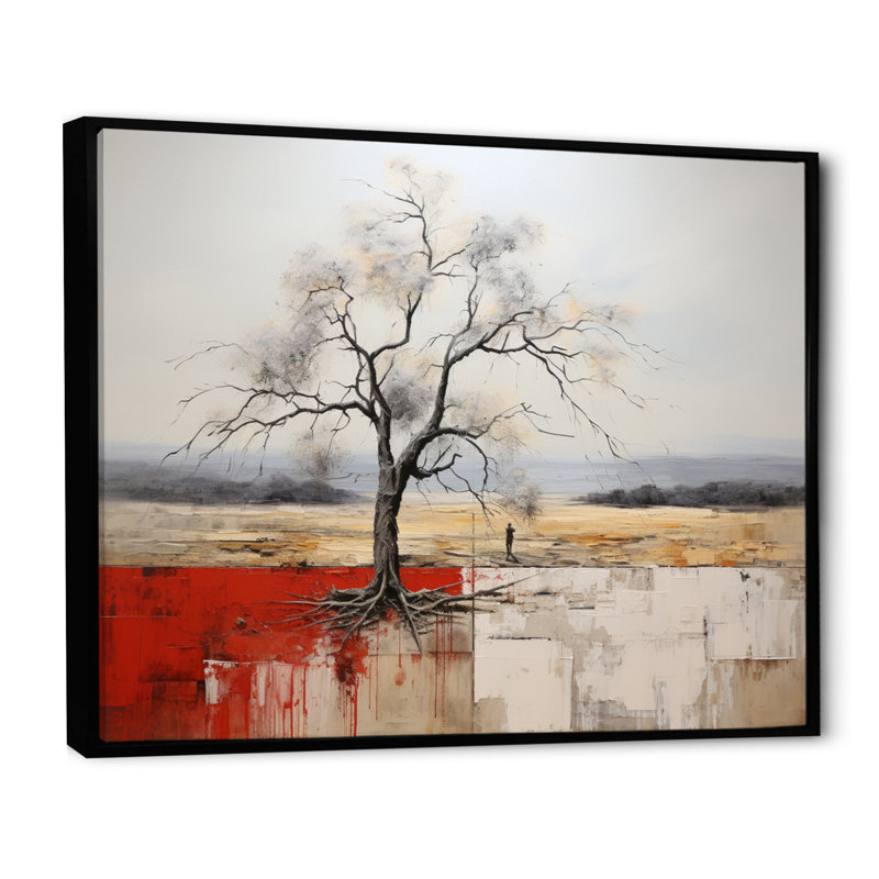 «Grey Red Minimalisme Tree Solitude I», reproduction sur toile, 16" H x 32" W, Cadre flottant noir