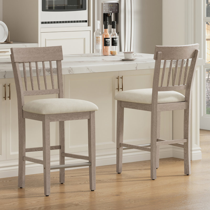 Upholstered Counter Stool with Solid Wood Frame, Taupe