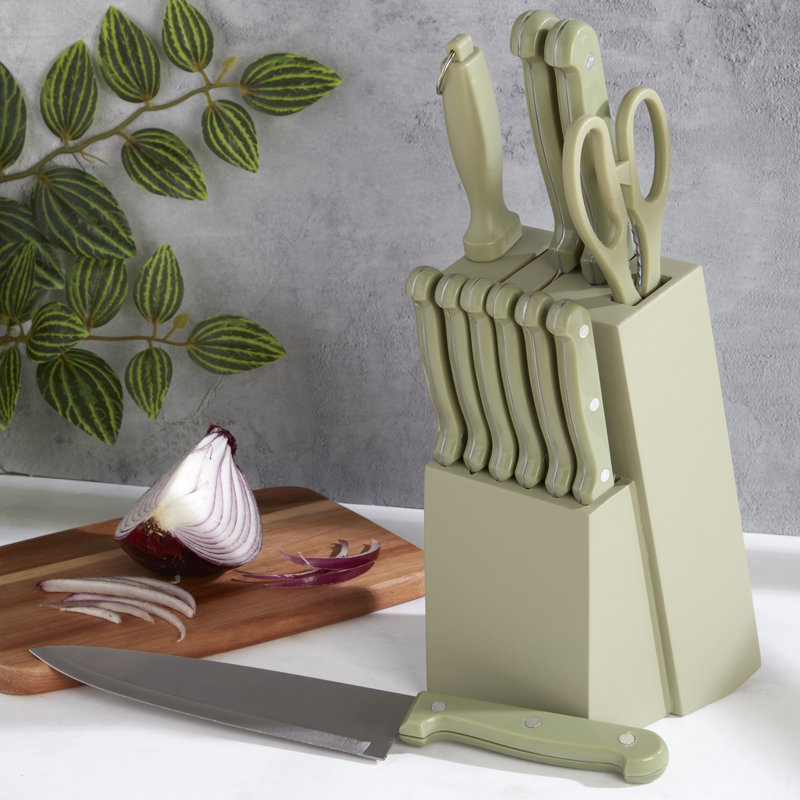 Ensemble de 12 couteaux de cuisine en acier inoxydable avec bloc de bois Basic Essentials, Vert