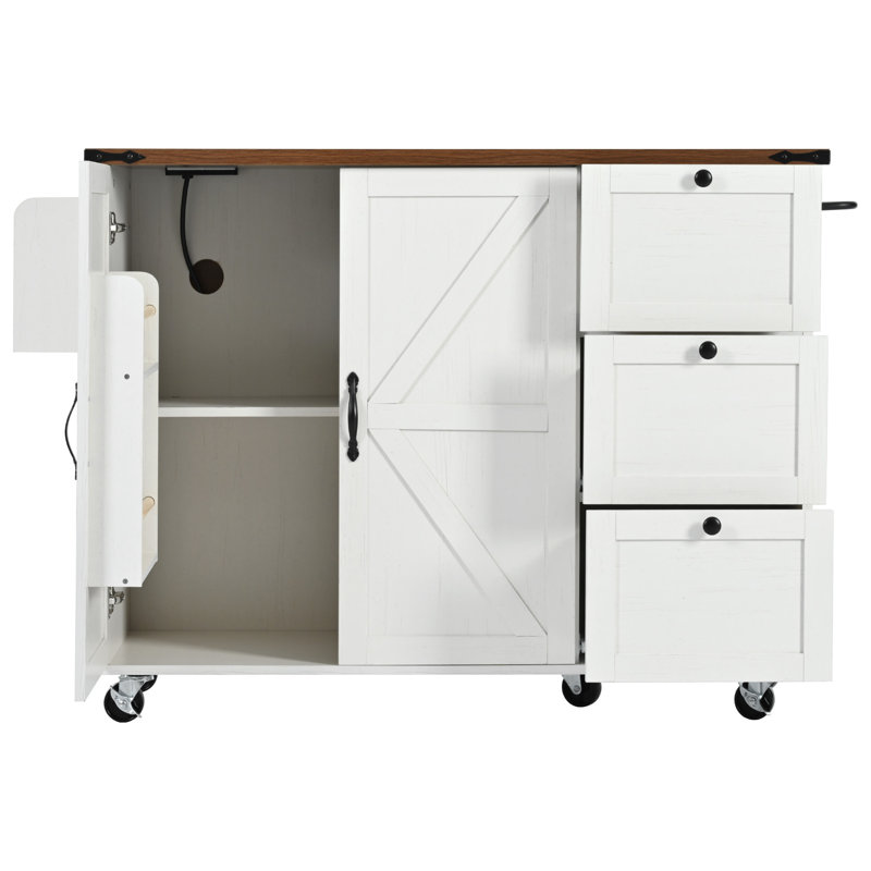 54.5" Farmhouse Kitchen Island With Power Outlet, Kitchen Storage Island  With Internal Storage Rack, Drop Leaf, Spice Rack, Rolling Kitchen Cart On Wheels, For Home, Kitchen And Dining Room
