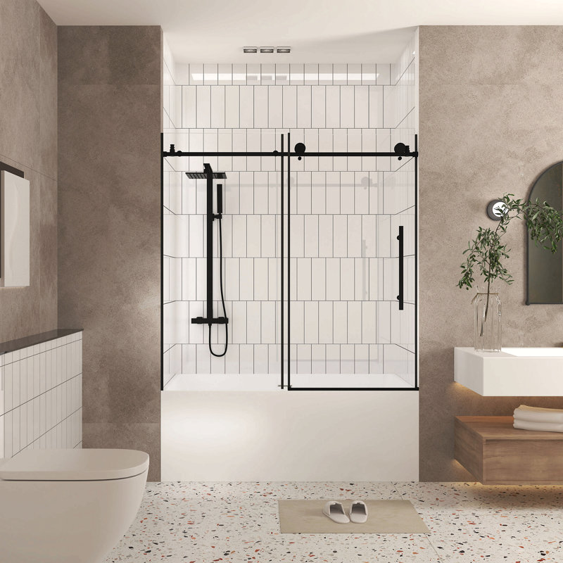 Porte de douche sans cadre, verre trempé transparent de 1/4 po (6 mm), film antidéflagrant, poignée en acier inoxydable