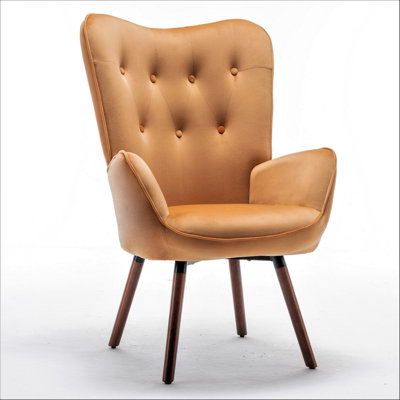 Mid-Century Modern Wingback Accent Chair, Button-Tufted Polyester Fabric Armchair With Solid Wood Splayed Legs For Living Room Bedroom Home Office