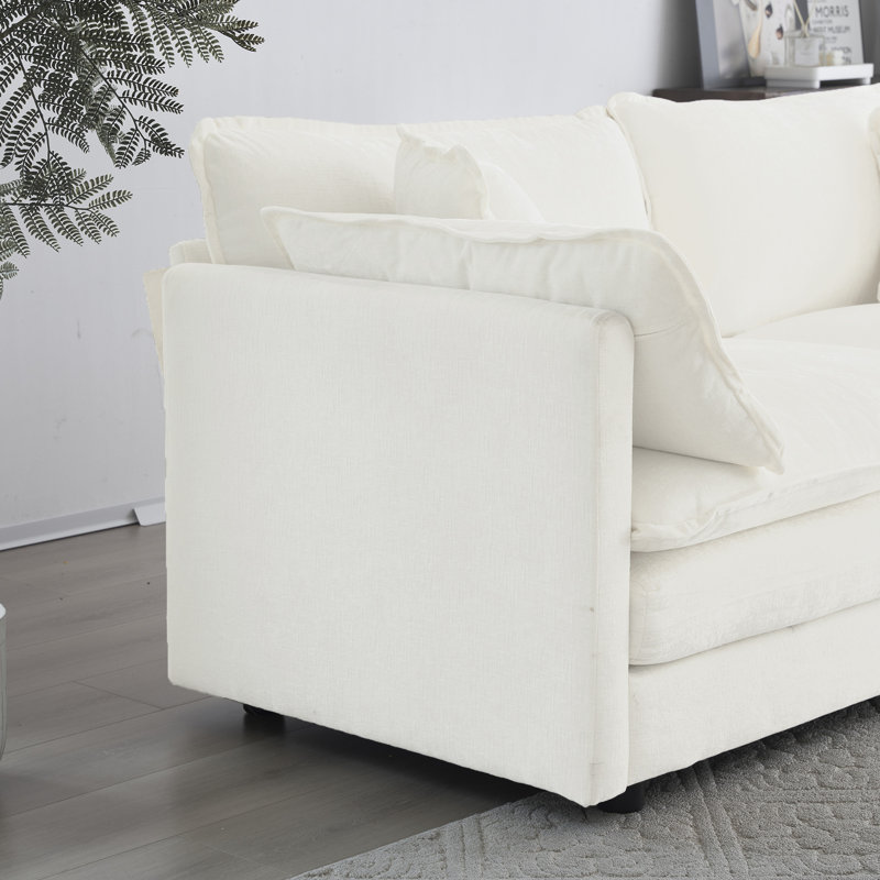 Canapé modulaire modulaire avec chenille blanche et réversible - Revêtement élégant en bois massif, Blanc
