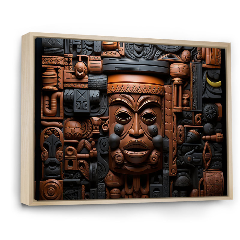 Masque africain brun et noir à motif de Kuba - Masque africain grand art mural, Cadre flottant brun