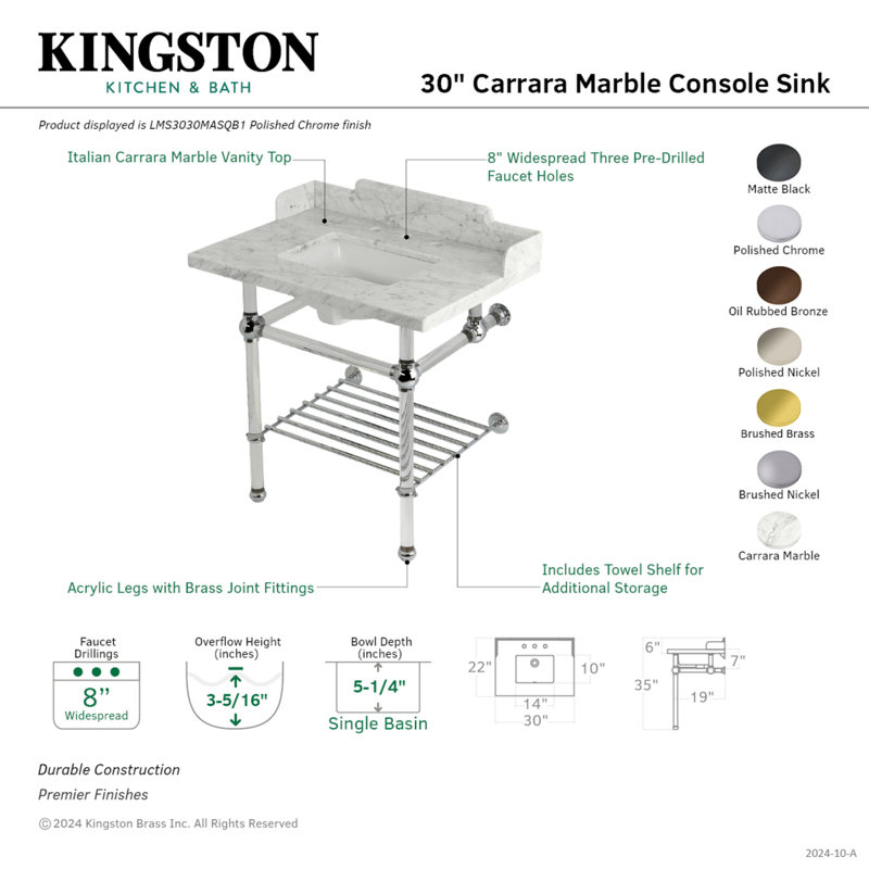 Kingston Brass Pemberton 30-Inch Carrara Marble Console Sink with Acrylic Legs and Shelf (8-Inch, 3-Hole), Polished Nickel