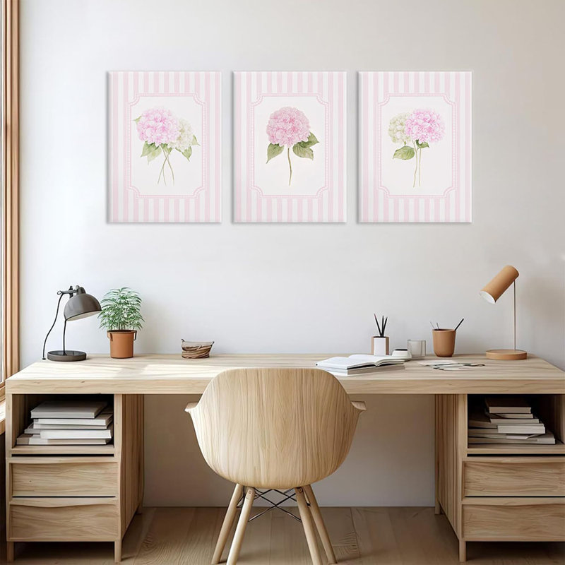 Framed Pink Hydrangea Wall Art Set Of 3, Pastel Floral Wall Decor Botanical Canvas Prints, Feminine Flower Pictures For Bedroom, Nursery, Or Room