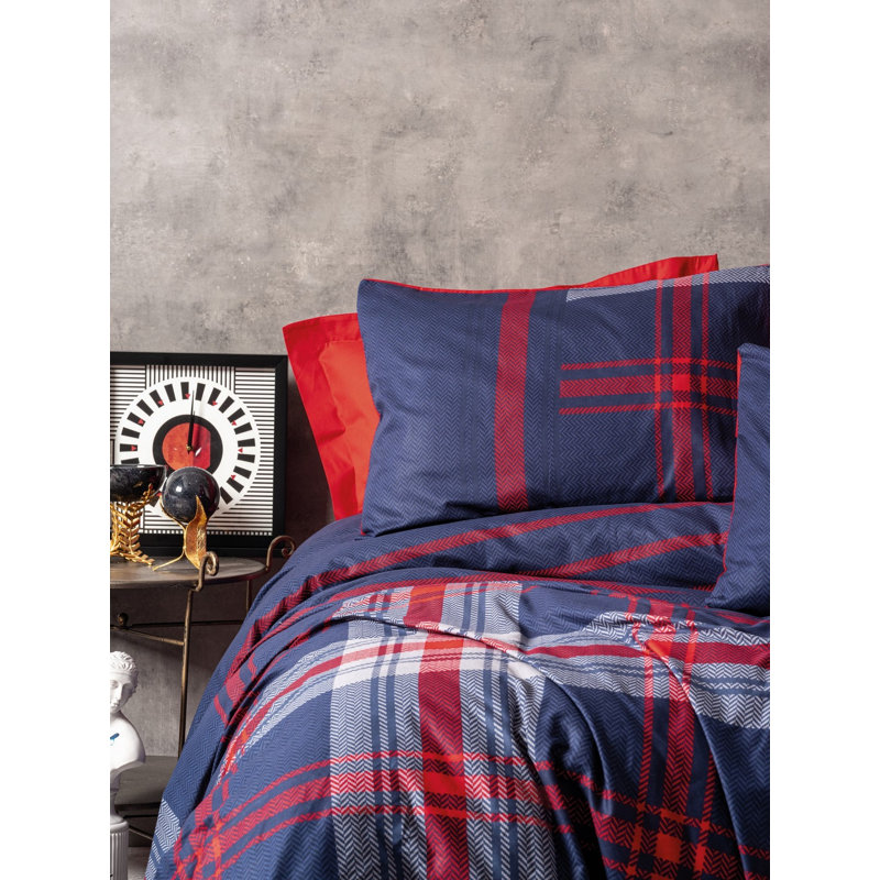 Ranforce Super King Quilt Cover Set, 100% Cotton, Red & Dark Blue, 102.4 x 86.6 inches | Includes 2 Pillowcases (23.6 x 23.6 inches) | Reactive Printing, Machine Washable, Button Closure | Soft & Durable Bedding