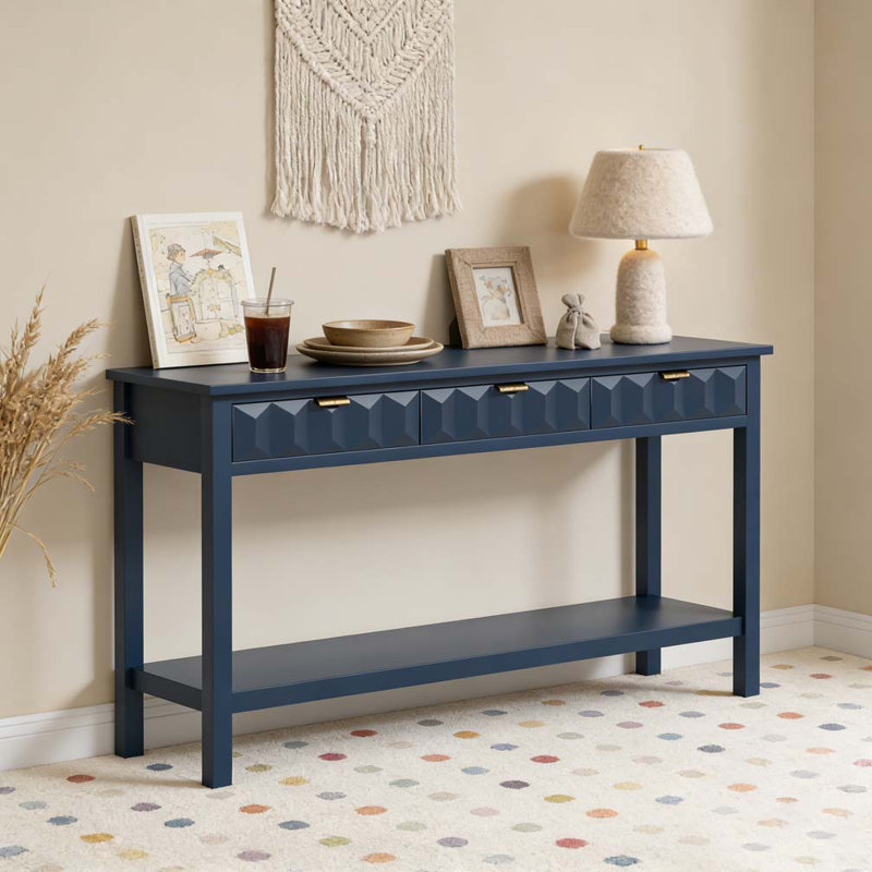 60'' Fir Veneer Entryway Table with Honeycomb-patterned Fronts,Modern Stylish Console Table, Navy Blue