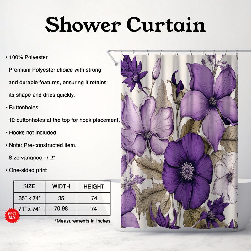 Rideau de douche standard 1 pièce Indigo Flowers, H 74 po x l 71 po
