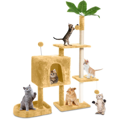 Arbre à chat 52 po pour chats d'intérieur avec des feuilles vertes, poteaux à griffer à plusieurs niveaux pour maison de chat