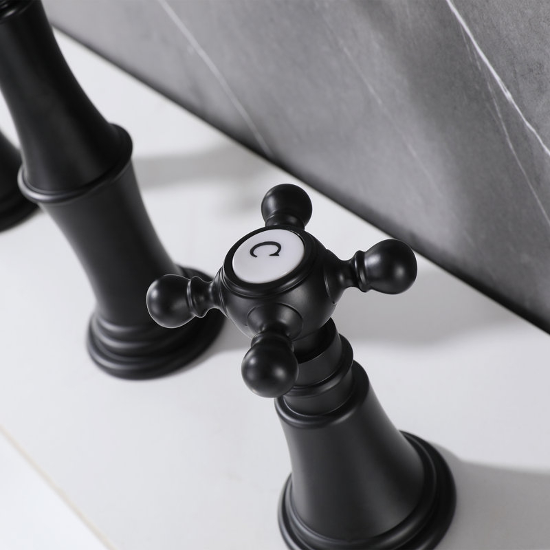 3-Hole Widespread Bathroom Faucet, 6.69" Brass Double Cross Handle Mixer Tap, Matte Black