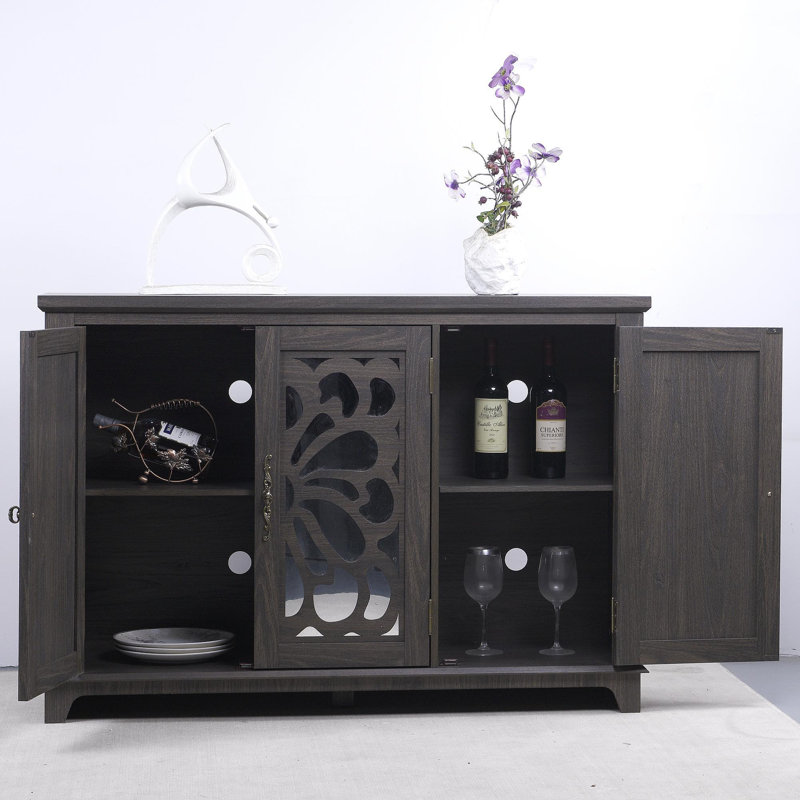 49.33" X 15.55" Spacious Size Countertop Sideboard With 3 Mirrored Doors Adjustable Shelves Buffet Cabinet, Storage Cabinet For Living Room, Bedroom, Dinning Room, Kitchen, Hallway Closet Brown Color