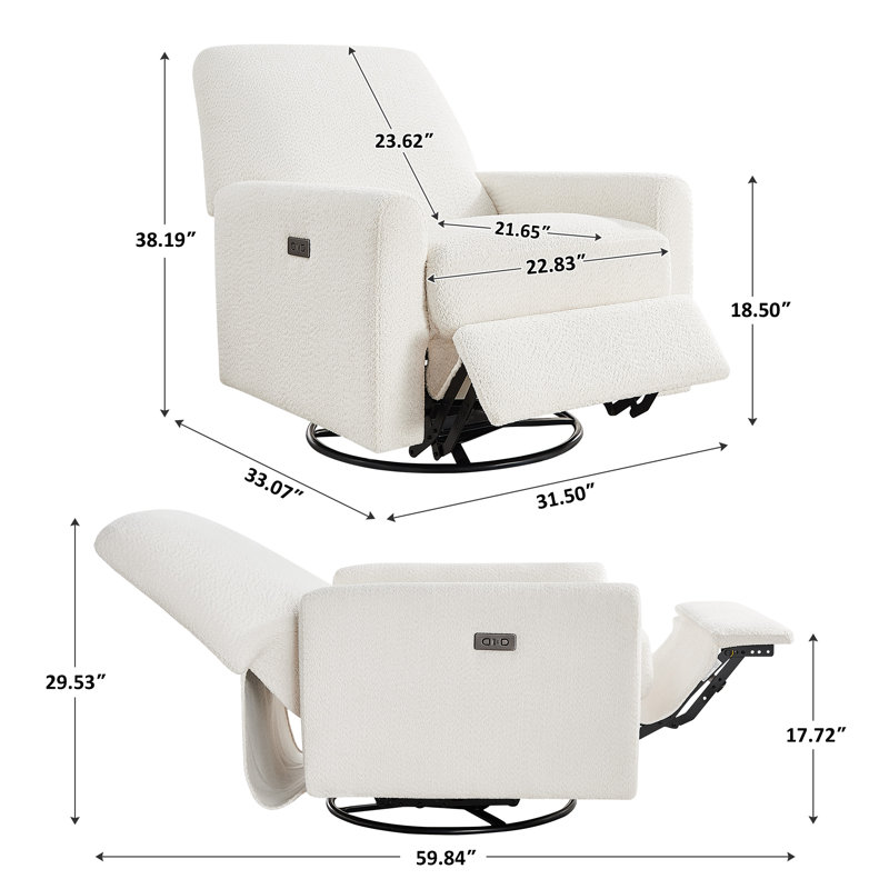 31.5 Inch Boucle Swivel Glider Power Recliner, White 