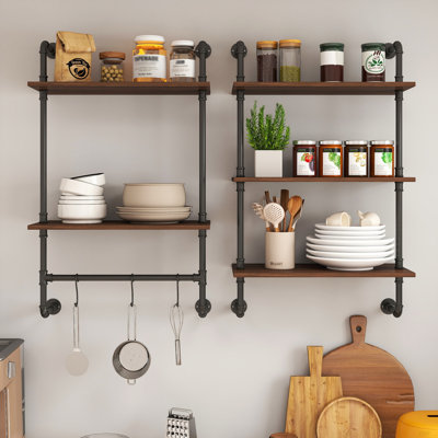 Industrial Pipe Shelf 3 Tier And 2 Tier Wall Mounted Shelves  36In Wood Display Shelves, And 3 Additional Hooks,Farmhouse Kitchen Bar Shelf, DIY Bookshelf Unit Hanging Wall Shelves For Bedroom (Bookshelf)