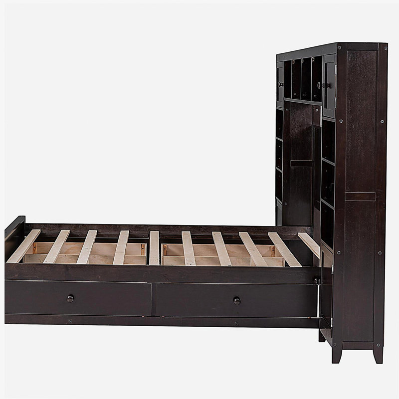 Lit en bois avec armoire intégrée et tablettes, Espresso