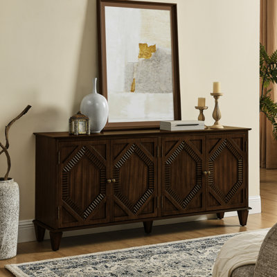 Walnut, Sideboard Cabinet, Storage, Living Room, , Solid Wood Legs, Adjustable Feet, Fluted Diamond Patterns, Multi - Functional Use 65.2" For Entryway Or Dining Walnut Color, And Material, Geometric