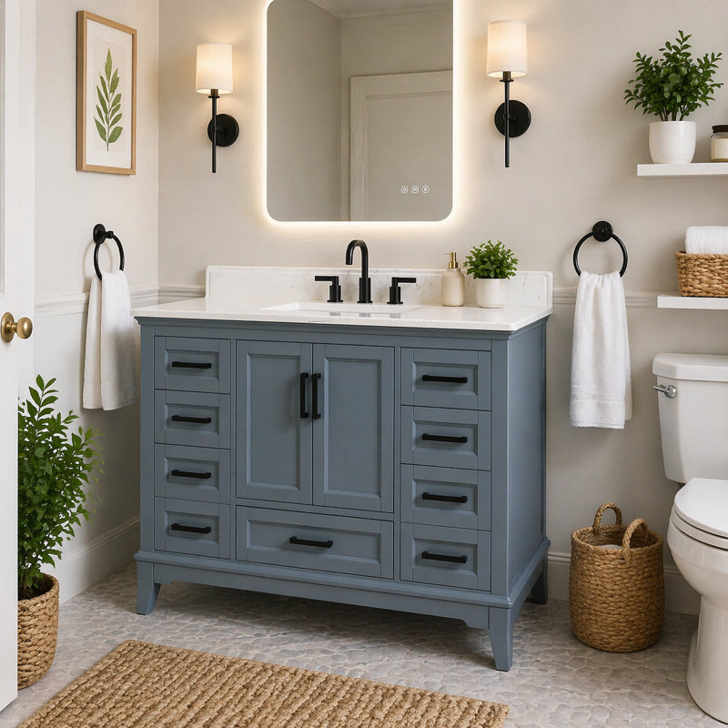 Free Standing Bathroom Vanity with Quartz Top, Steel Blue, 49"