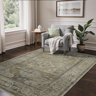 Oriental Machine Washable Sage/Gray Area Rug with Non-Slip Backing