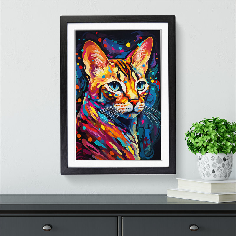Bengal Cat Orphism No.2 - Single Picture Frame Print on Wood, 46cm H x 34cm W x 2cm D, Black