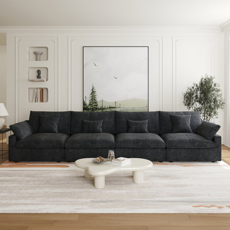 Kyna Upholstered 4-Piece Linen Slipcovered Sofa, Black